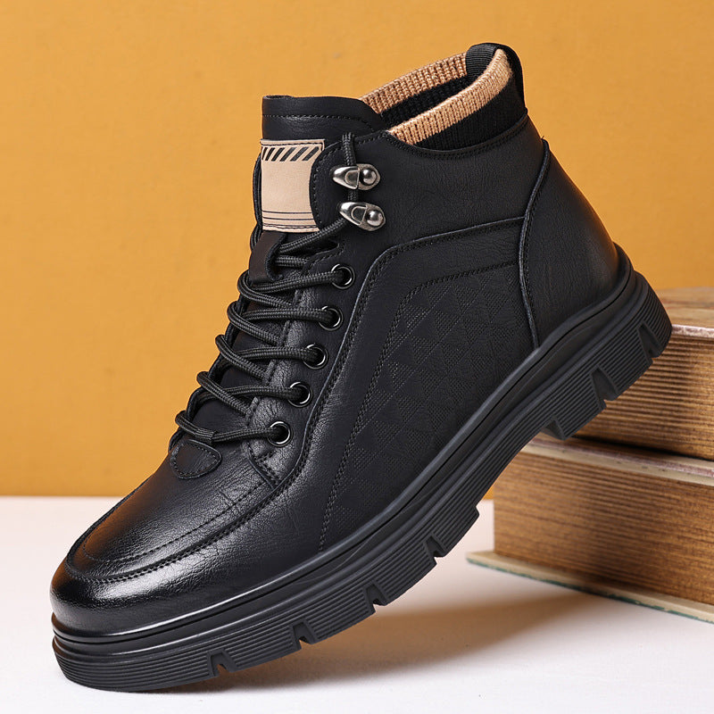 Mens Velvet Leather Boots High Top Warm Winter Shoes