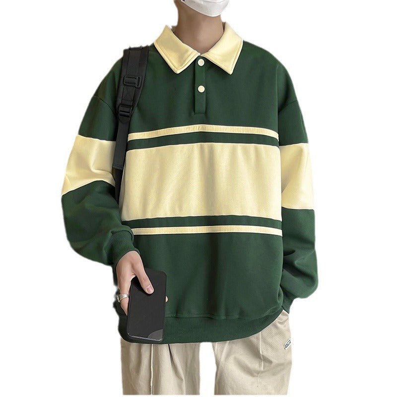 Retro Color Block Sweatshirt Unisex Loose Polo Shirt