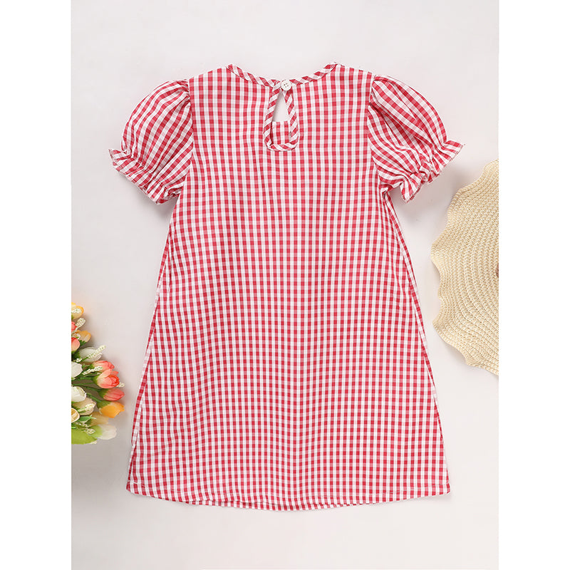 Toddler Kids Girls Back To School Dress Smocked Collar Puff Sleeve Plaid Embroidered Print Dress