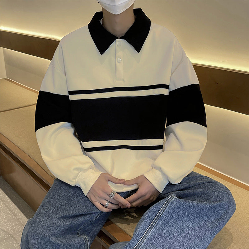 Retro Color Block Sweatshirt Unisex Loose Polo Shirt