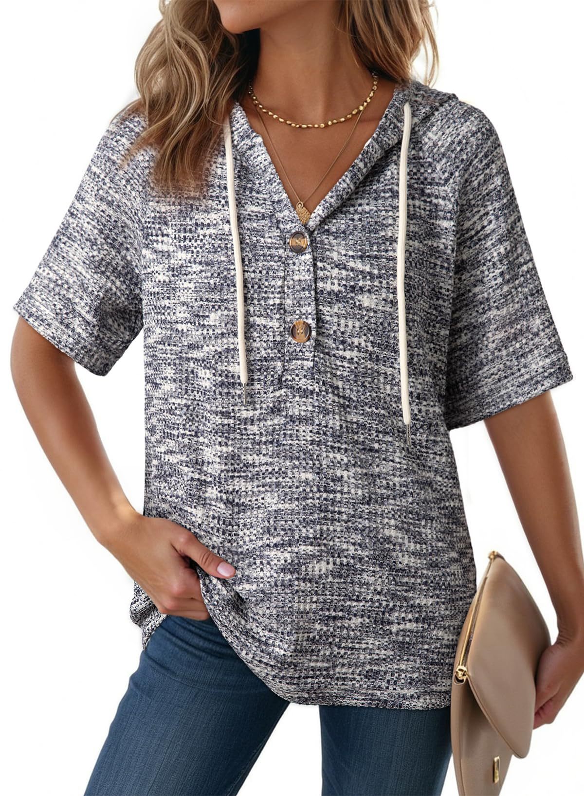 Womens Waffle-Weave Buttoned V-Neck Hoodie With Drawstring