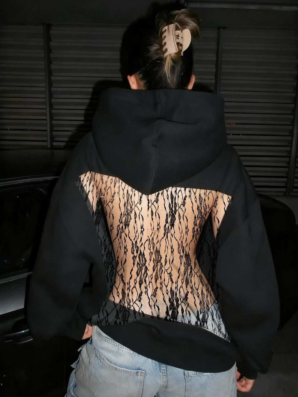 Womens Backless Mesh Hoodie