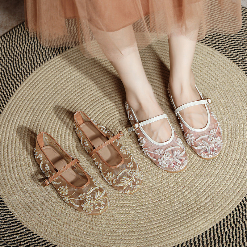 Embroidered Pearl Mesh Ballet Flat Shoes