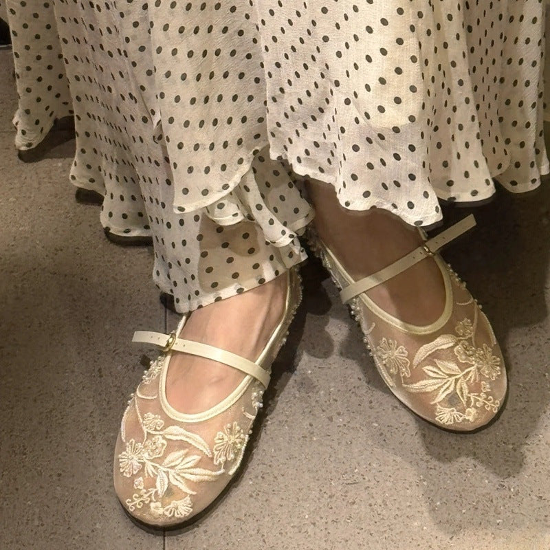 Embroidered Pearl Mesh Ballet Flat Shoes