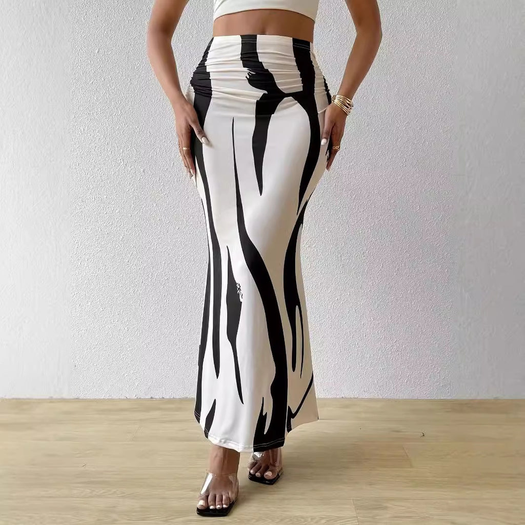 Zebra Print High Waist Fishtail Denim Skirt