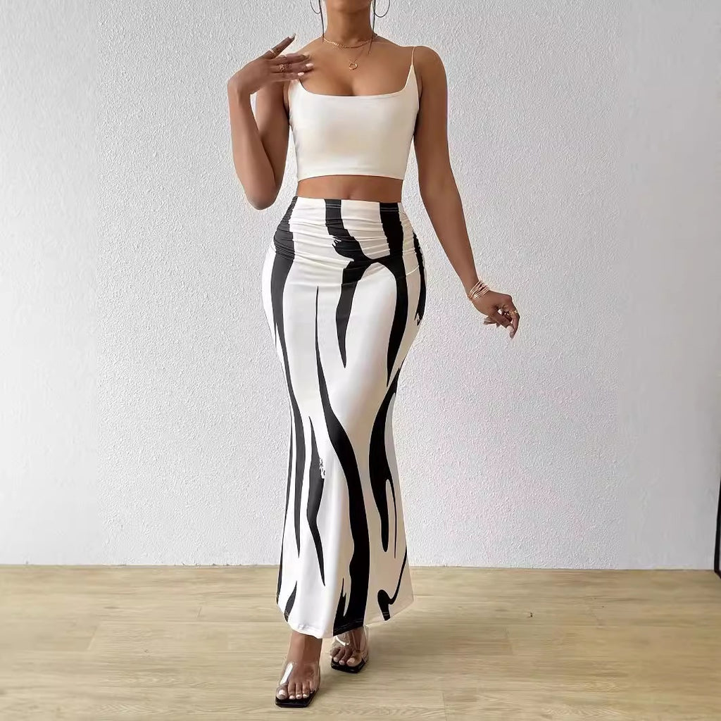 Zebra Print High Waist Fishtail Denim Skirt