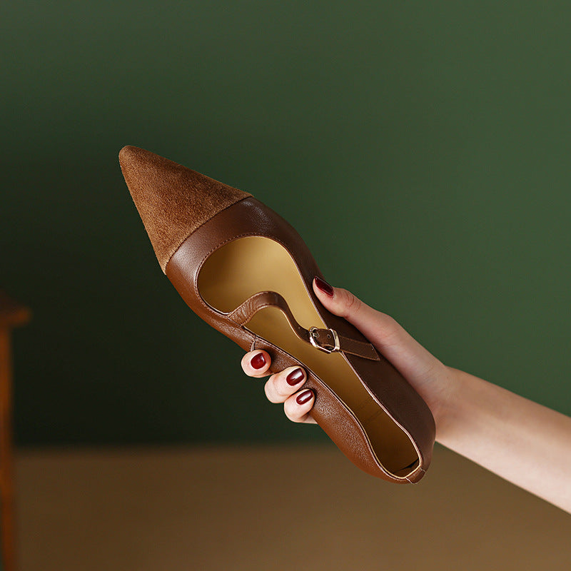 Retro Pointed Toe Flats for Women Soft Leather One-Word Buckle