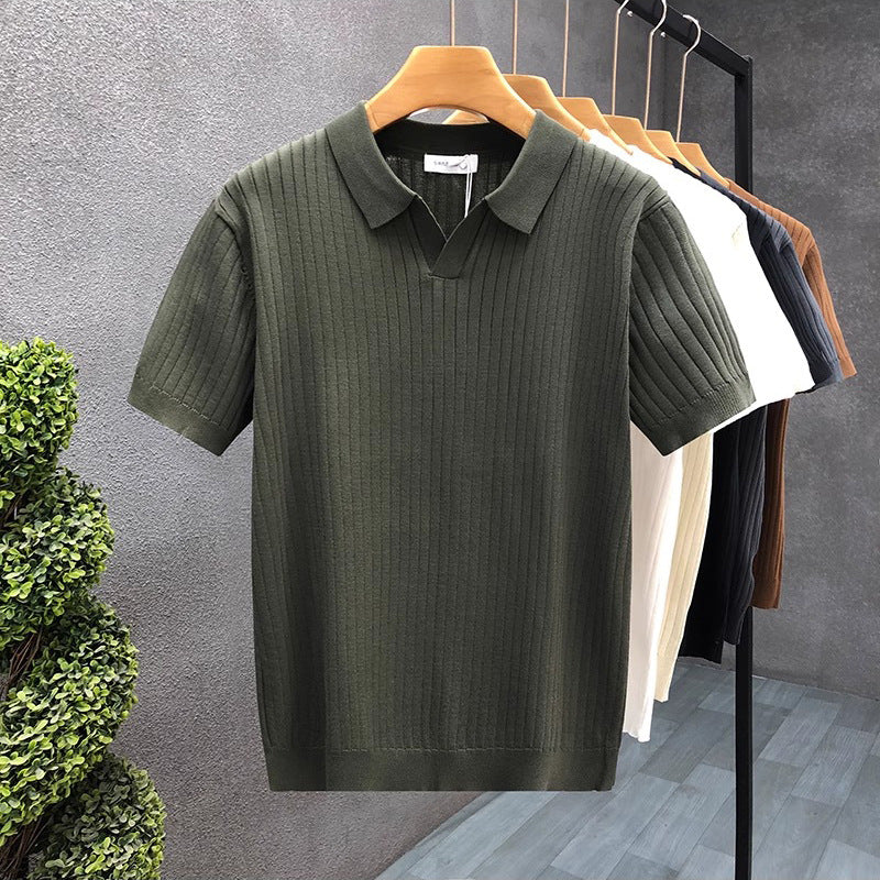 Mens Striped V-Neck Polo Shirt