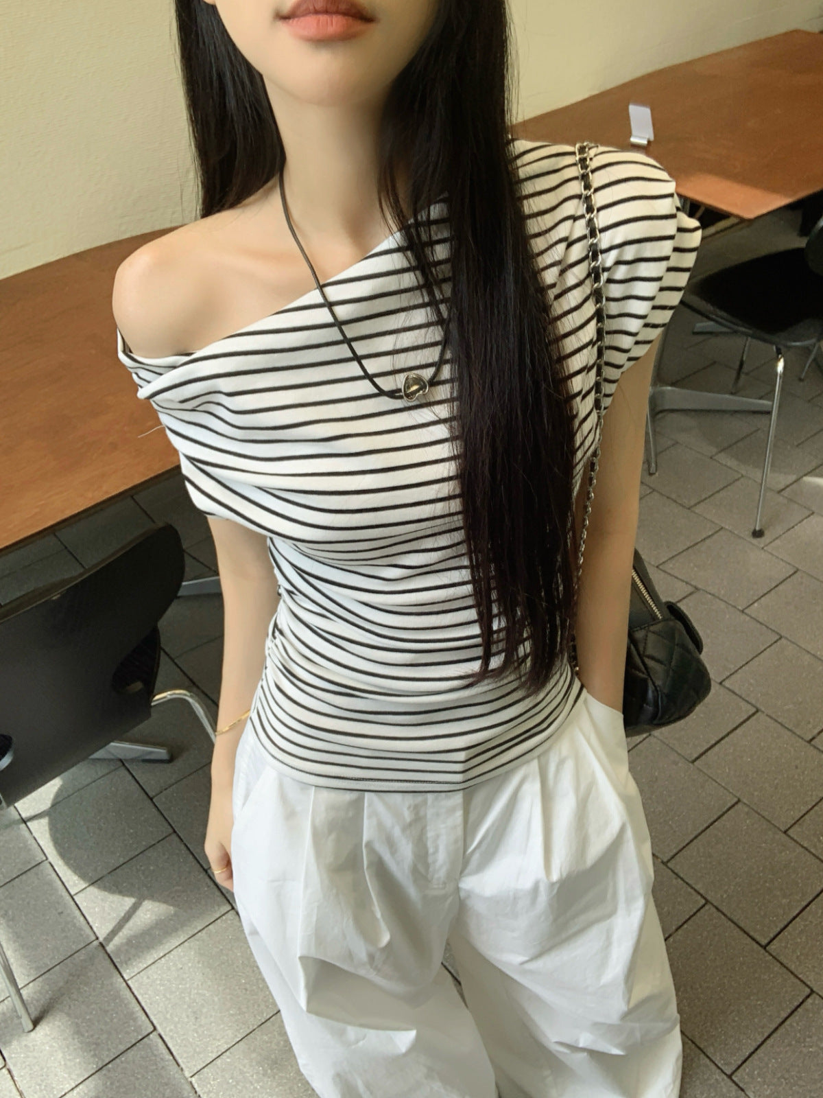 Striped Off-Shoulder Short Sleeve T-Shirt