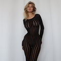 Striped Jacquard One-piece Long-sleeve Jumpsuit With Long Pants