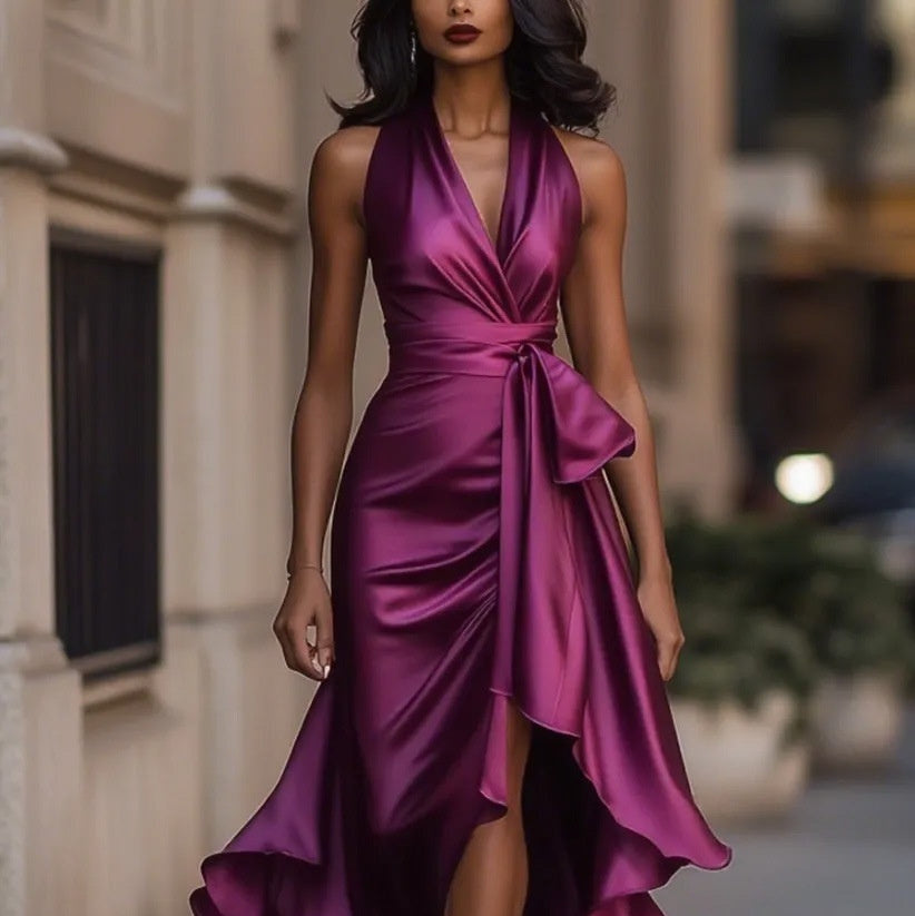 Elegant Deep V-neck Irregular Women's Ruffled Ruffled Evening Dress Gowns Solid Color Lace-up High Waist Satin Party Dresses Wedding Guests Dress