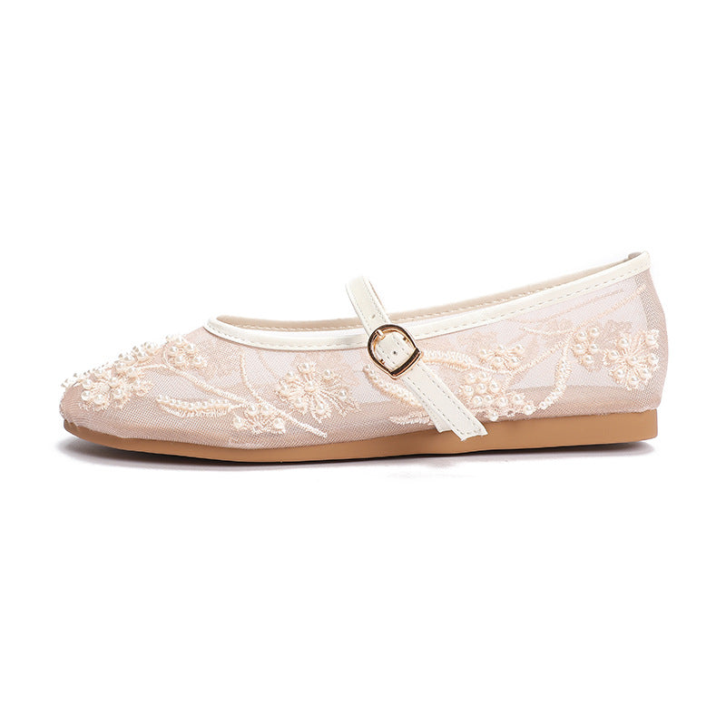 Embroidered Pearl Mesh Ballet Flat Shoes