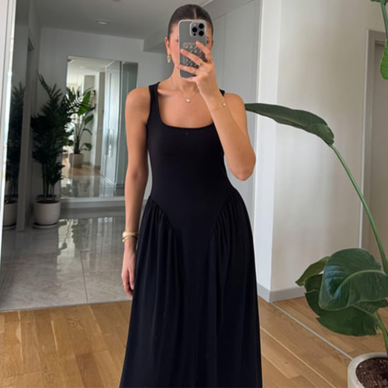 Women's Square Collar Sexy Sleeveless Pleated Temperament Slim Dress