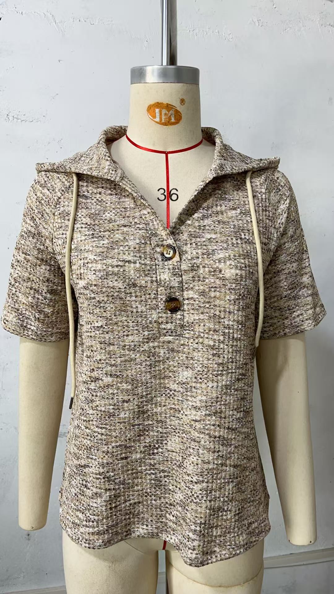 Womens Waffle-Weave Buttoned V-Neck Hoodie With Drawstring