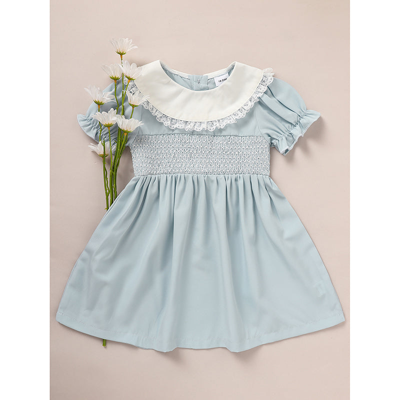 Toddler Girls' Smocked Dress Cute Puff Short Sleeves Lace Crew Neck, Adorable Princess Party Dress