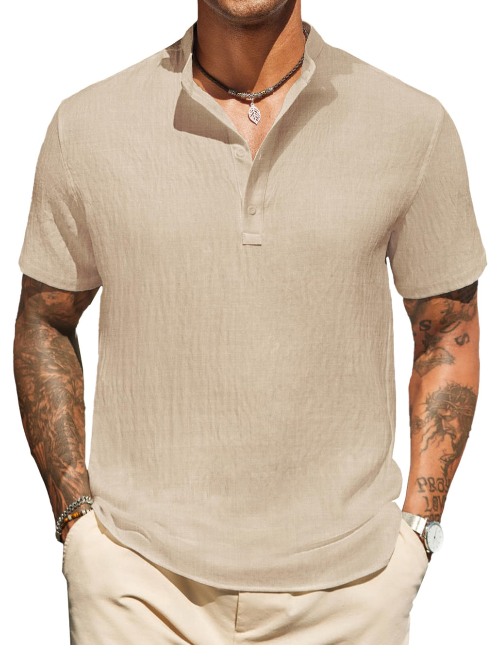 COOFANDY Mens Henley Shirt Short Sleeve Casual Band Collar Linen Shirt Summer Beach Hippie T-Shirts Light Khaki