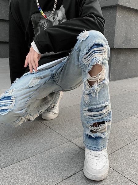 Men's Straight Leg Ripped Denim Jeans