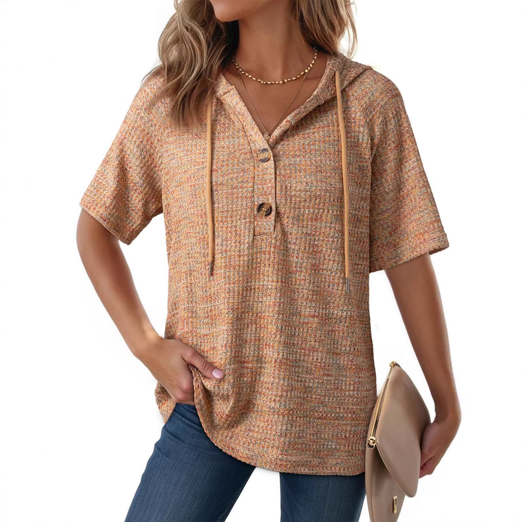 Womens Waffle-Weave Buttoned V-Neck Hoodie With Drawstring