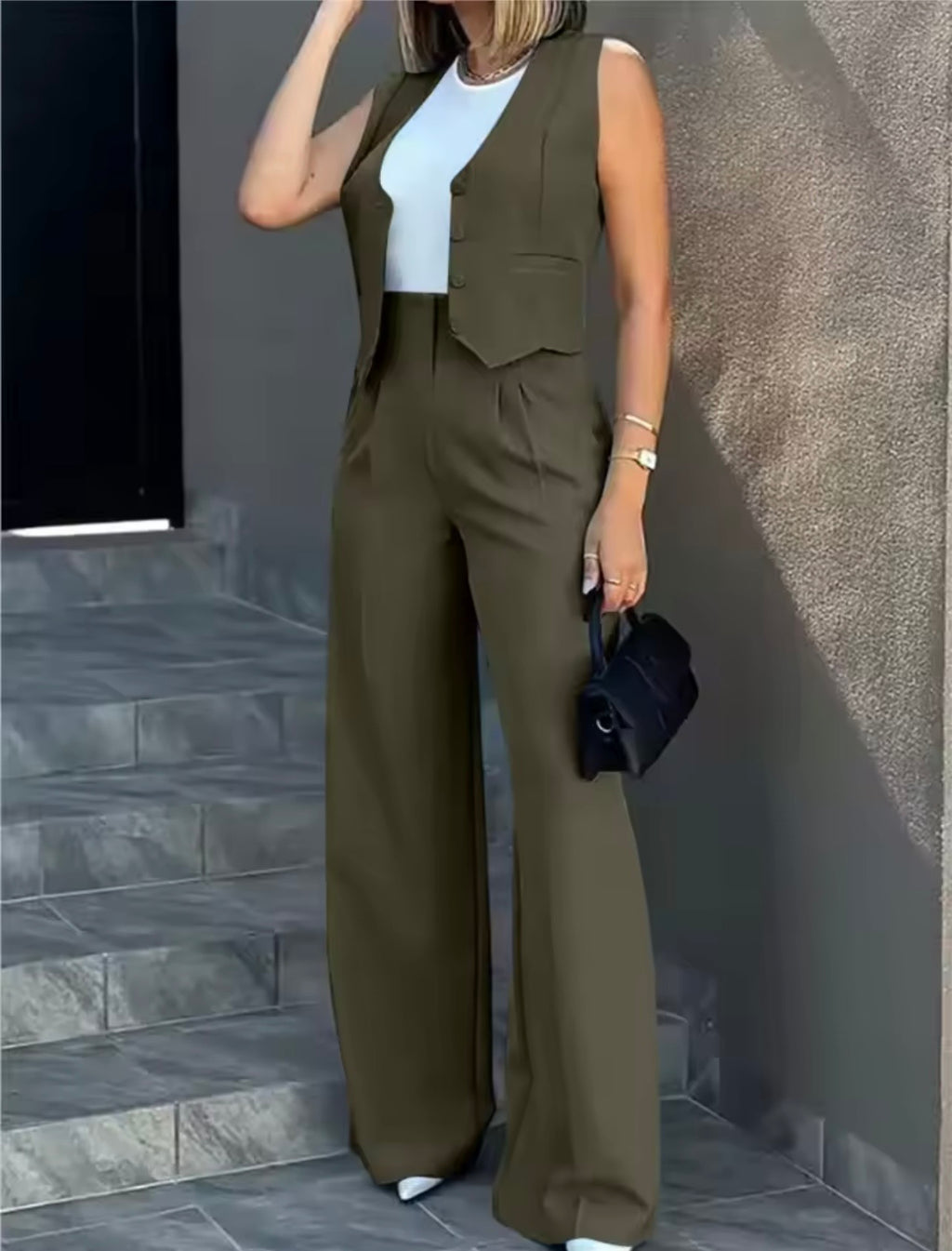 Pants Sets Women Vest Trousers Suit Elegant Baggy Regular Work Suit Seeveless High Waist Wide Leg Pants 2 Piece Sets Streetwear