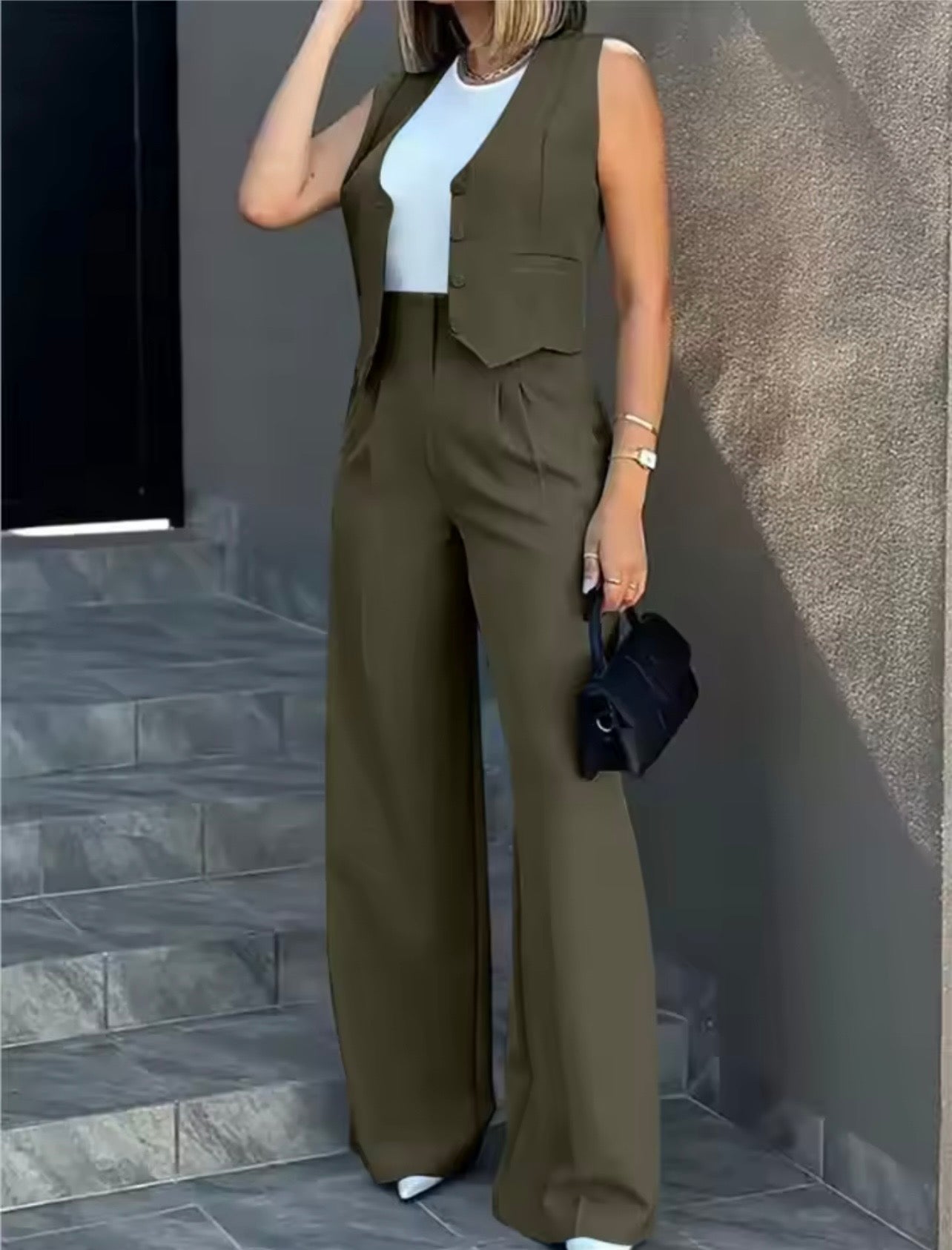 Pants Sets Women Vest Trousers Suit Elegant Baggy Regular Work Suit Seeveless High Waist Wide Leg Pants 2 Piece Sets Streetwear