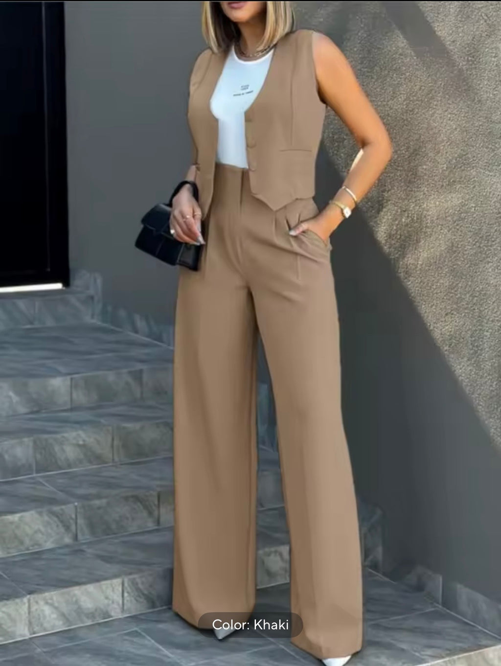 Pants Sets Women Vest Trousers Suit Elegant Baggy Regular Work Suit Seeveless High Waist Wide Leg Pants 2 Piece Sets Streetwear