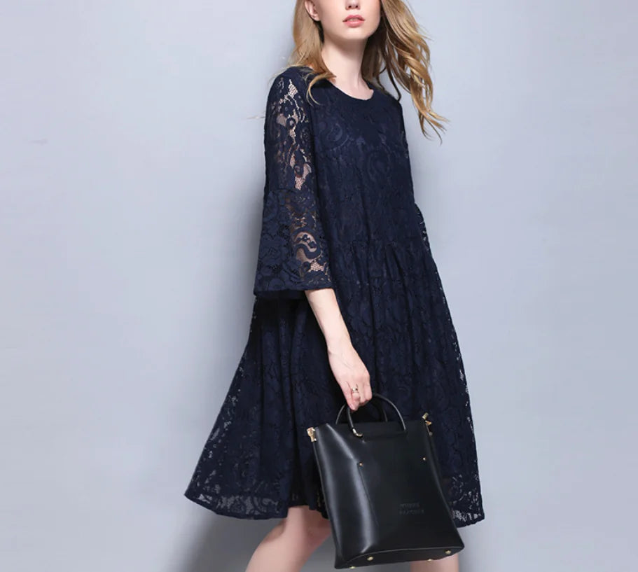 Lace Dress Autumn Plus Size Lace Dress with Bell Sleeves