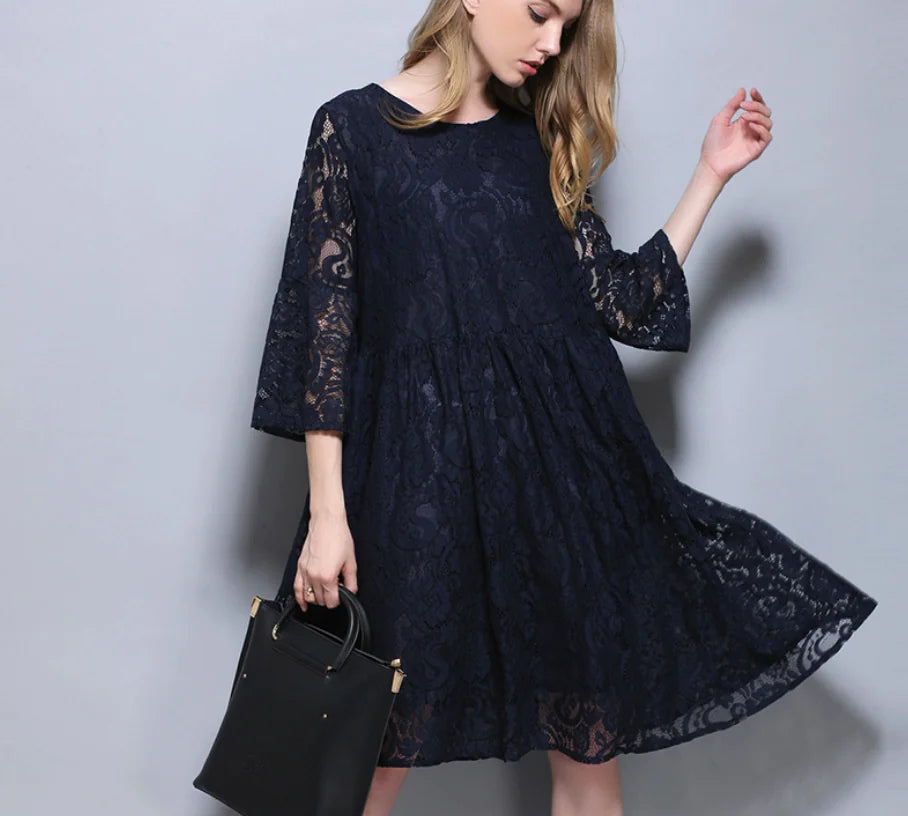 Lace Dress Autumn Plus Size Lace Dress with Bell Sleeves
