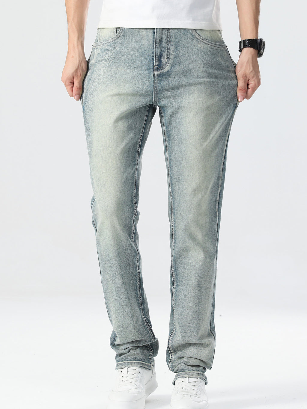 Mens Summer Elastic Straight Leg Jeans