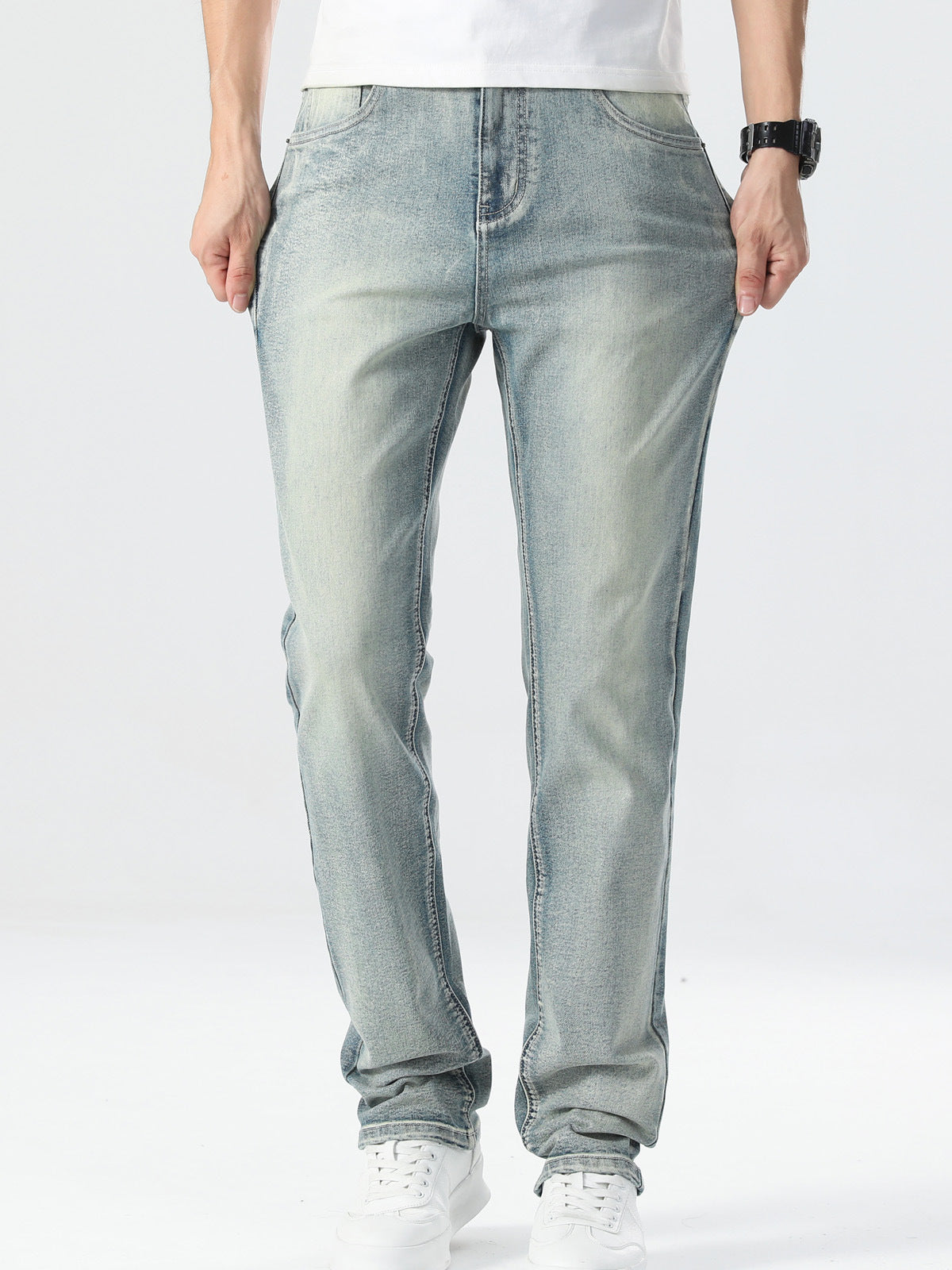 Mens Summer Elastic Straight Leg Jeans