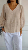 Womens Solid-Color V-Neck Long-Sleeve T-Shirt