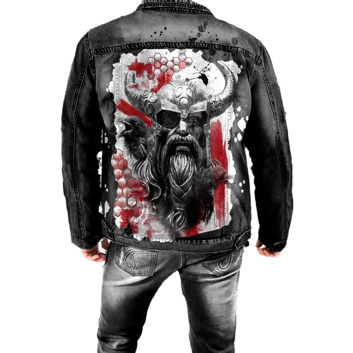 Retro Viking Print Denim Jacket for Men