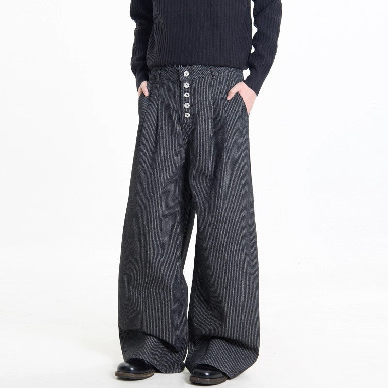 Retro Black Striped Pleated Button Jeans for Men