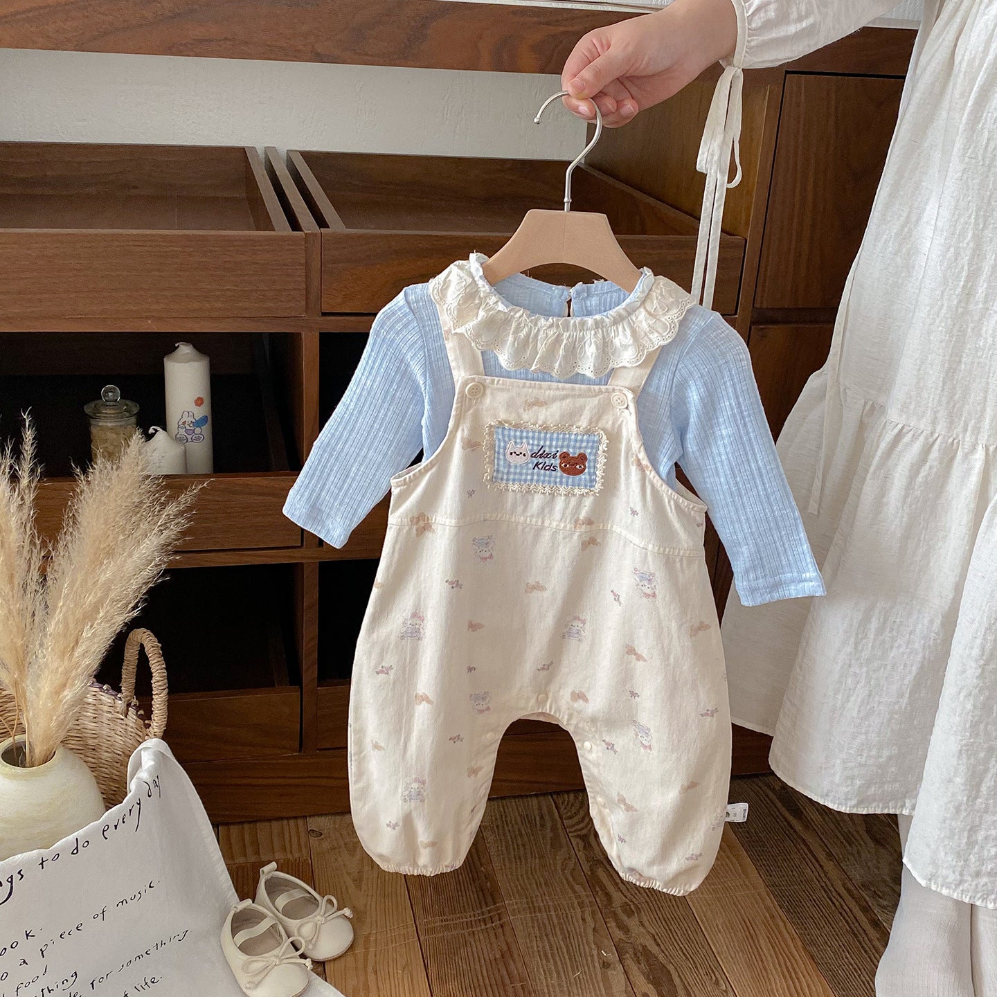Infant Girls' Cotton Overalls and Lace Collar Shirt Set