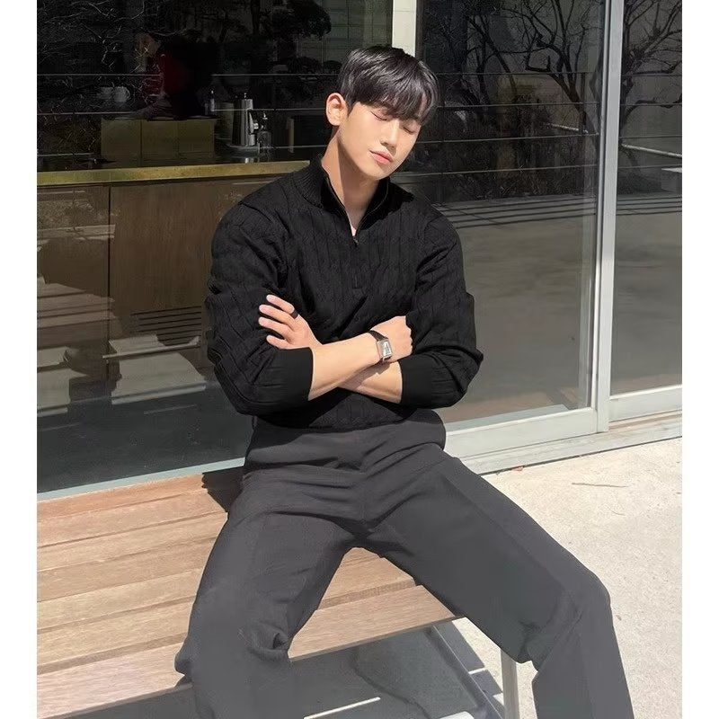 Mens Half Zip Acetate Sweater Slim Fit Long Sleeve