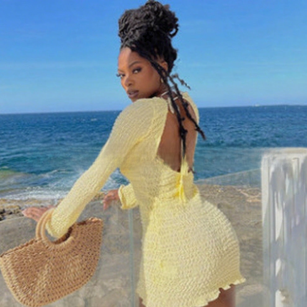 Bubble Texture Backless Halter Neck Dress