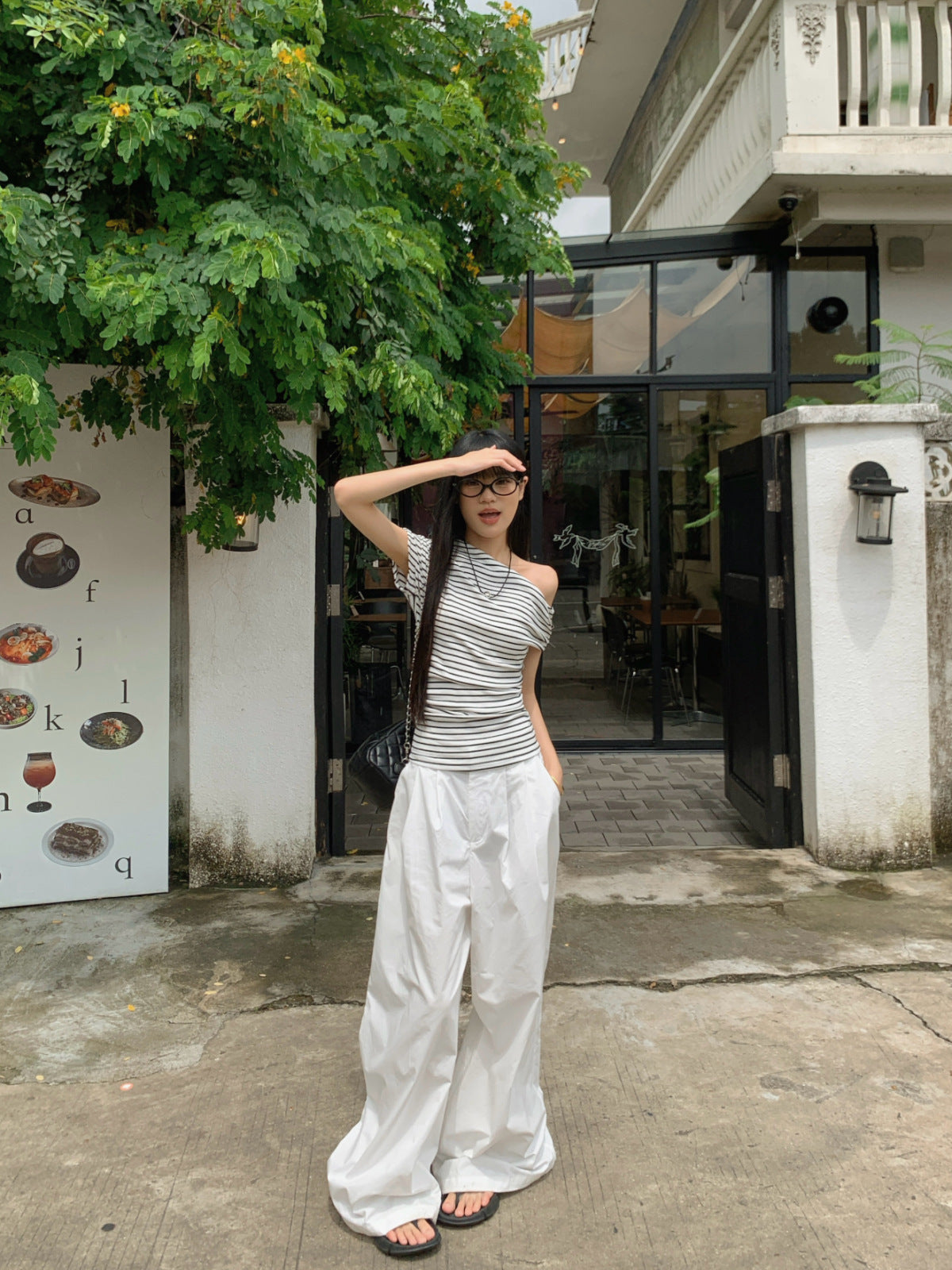 Striped Off-Shoulder Short Sleeve T-Shirt