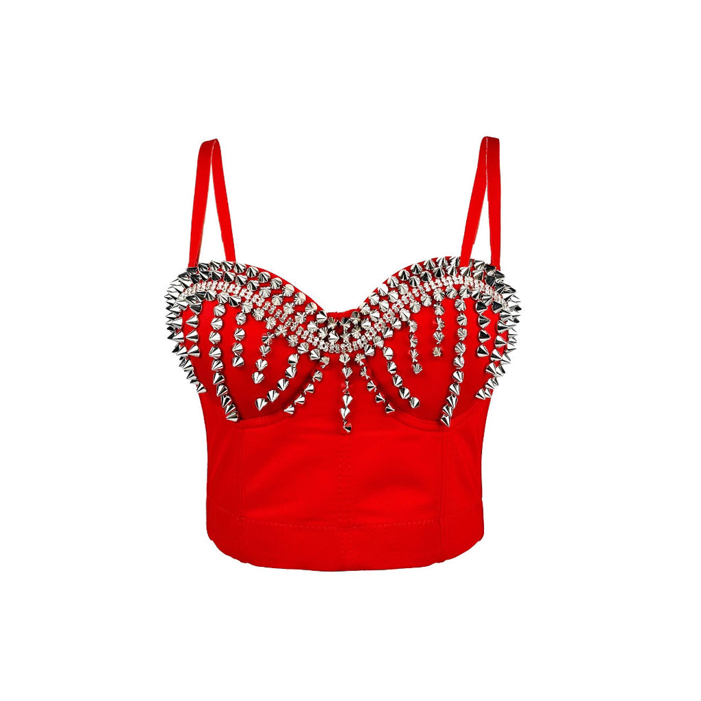 Sleek Edgy Outerwear Top With Exposed Midriff And Decorative Rivets