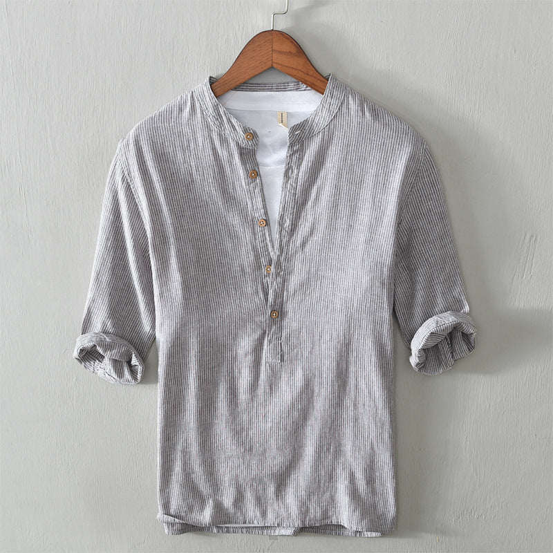 Mens Striped Linen Pullover Shirt