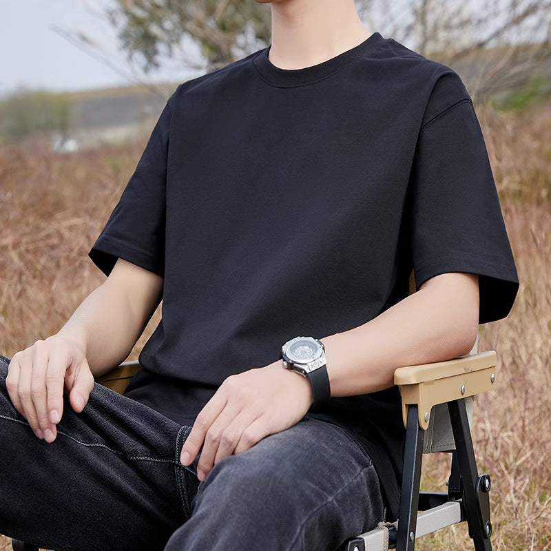 Pure Cotton Short-Sleeve T-Shirt for Men, Summer Loose Half-Sleeve Solid Color Everyday Retro Casual Base Shirt, Fashionable Style
