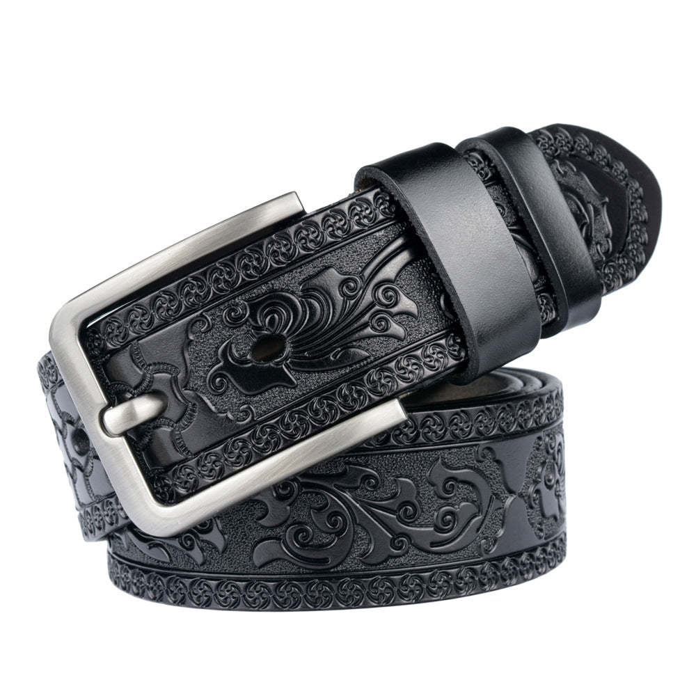 Carved Leather Belt for Men with Alloy Buckle