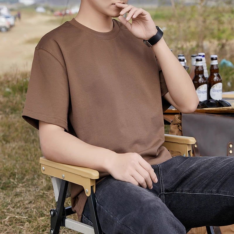 Pure Cotton Short-Sleeve T-Shirt for Men, Summer Loose Half-Sleeve Solid Color Everyday Retro Casual Base Shirt, Fashionable Style