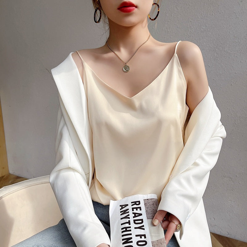Womens V-neck Satin Camisole with Adjustable Straps