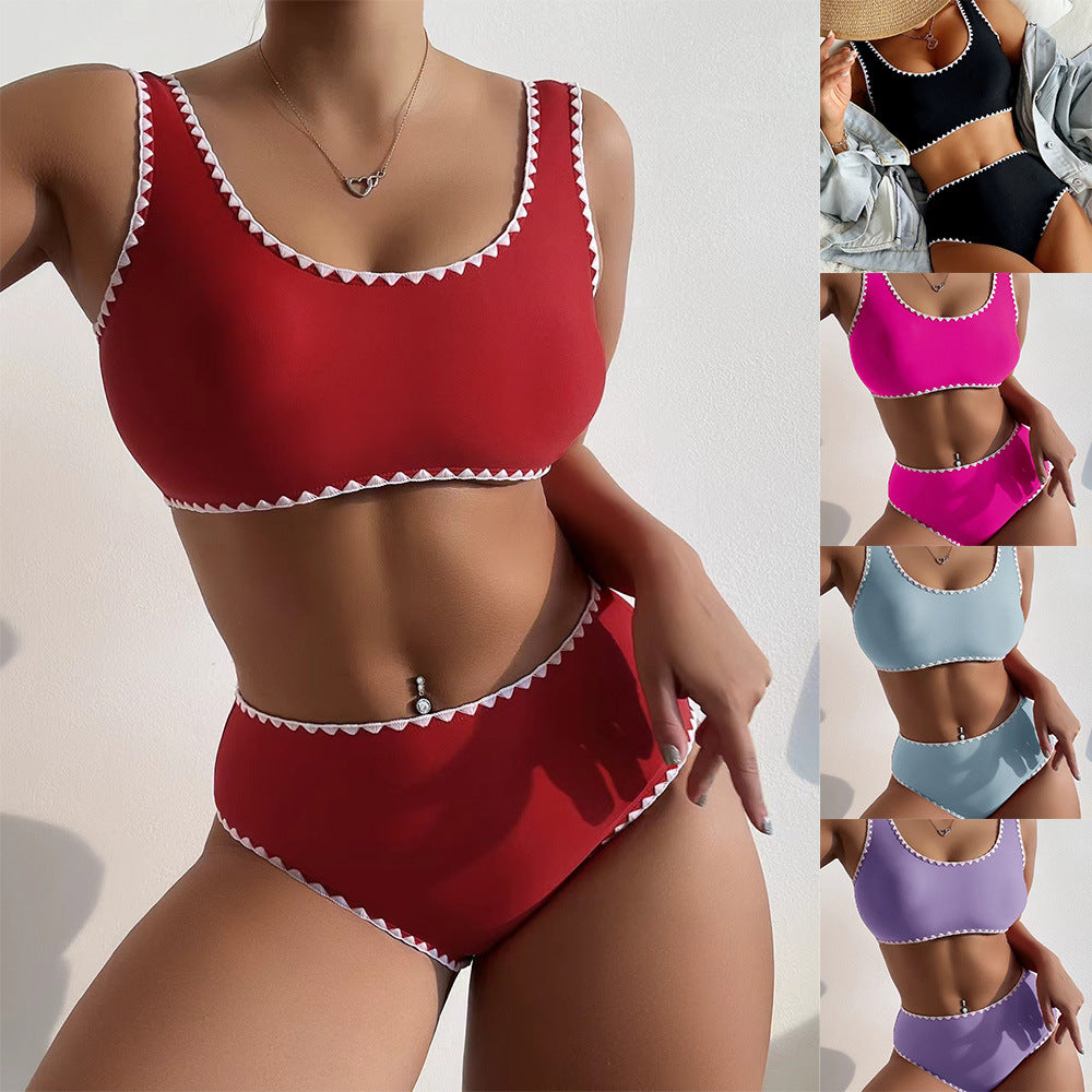 Solid Color High Waist Backless Bikini Swimsuit