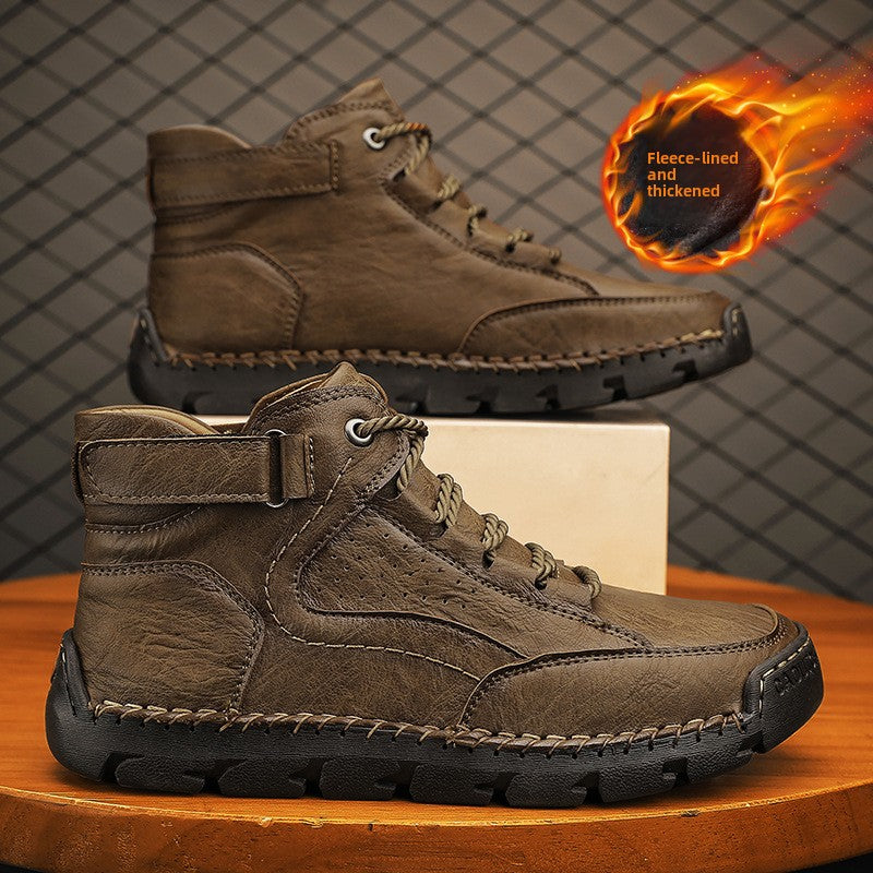Mens Hand-Stitched Ankle Boots Flat Lace-Up Casual Shoes