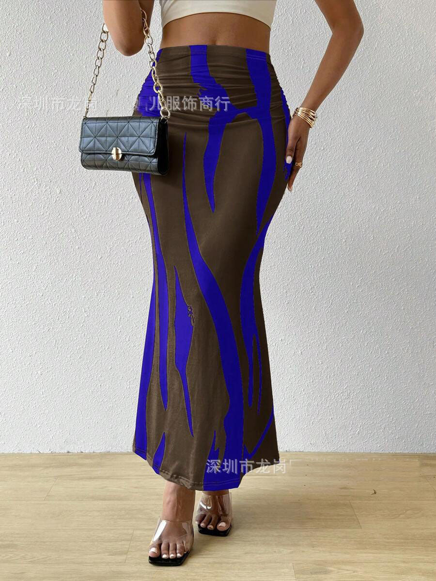 Zebra Print High Waist Fishtail Denim Skirt