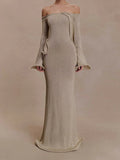 Off-Shoulder Fishtail Dress with Bell Sleeves