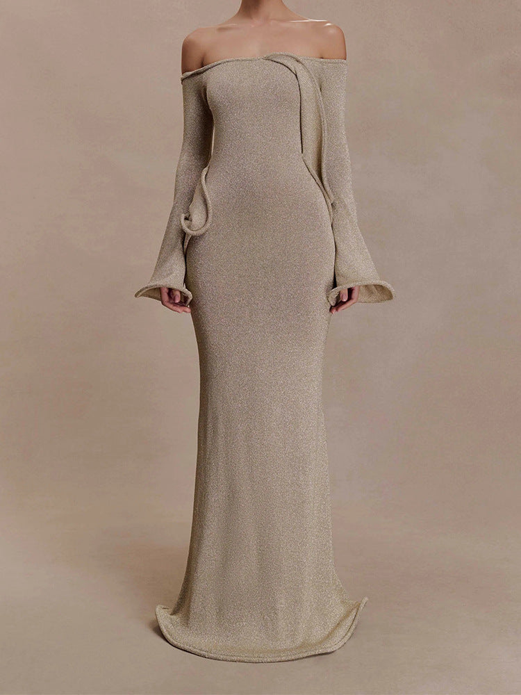 Off-Shoulder Fishtail Dress with Bell Sleeves