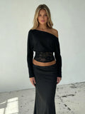 Elegant Off-Shoulder Lace Trim Slim Long Sleeve T-Shirt