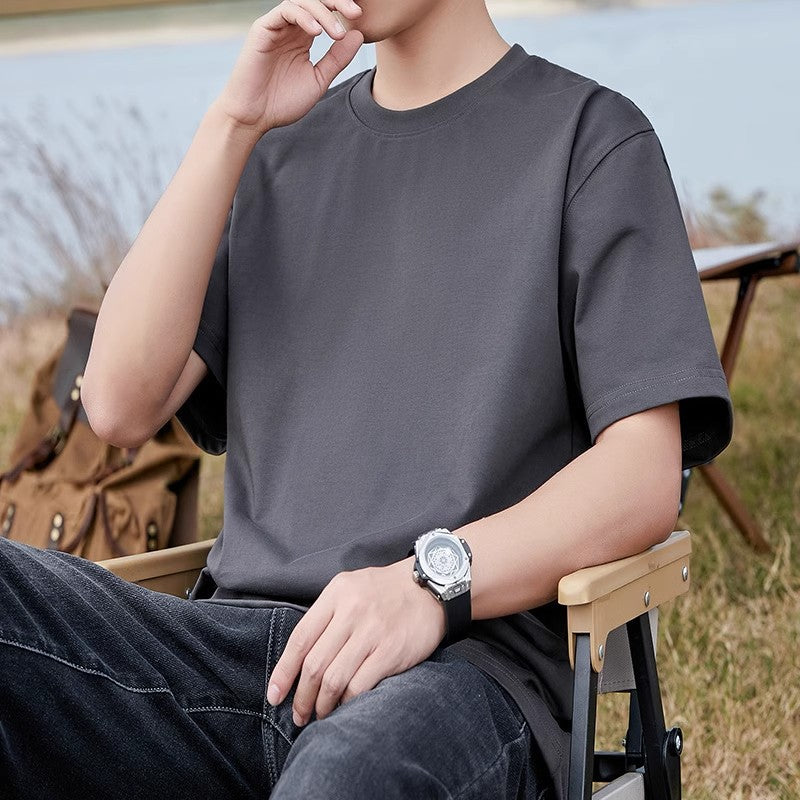 Pure Cotton Short-Sleeve T-Shirt for Men, Summer Loose Half-Sleeve Solid Color Everyday Retro Casual Base Shirt, Fashionable Style