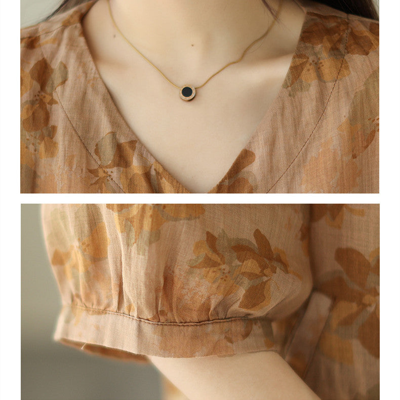 Women's Fashionable Simple Ramie Printed Shirt Top